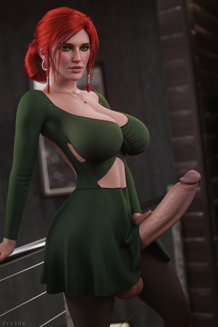 1futa 3d balls big_balls big_penis erection futanari huge_cock penis red_hair solo the_witcher_(series) the_witcher_3:_wild_hunt triss_merigold zyx3dx