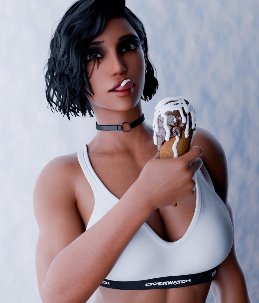 1girls 3d 3d_(artwork) abs black_hair chocolate_ice_cream choker cream_on_tongue dark-skinned_female donathan_joe egyptian_female fareeha_amari female fit_female ice_cream non_nude overwatch pharah seducing seductive seductive_look seductive_mouth short_hair tattoo_under_eye topping vanilla_cream vanilla_topping white_cream white_top white_topping