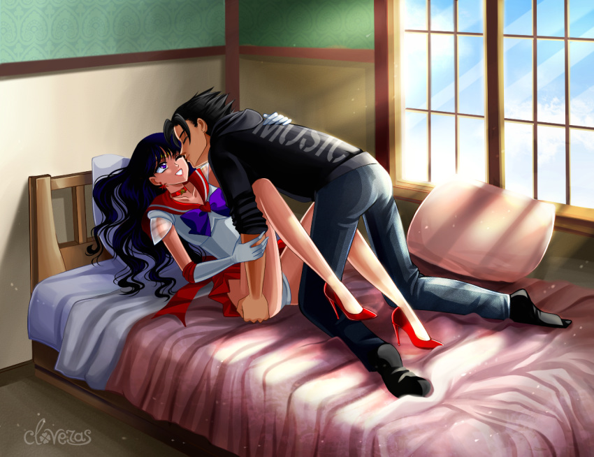 1boy 1girls all_fours art ass_grab bare_legs bed bishoujo_senshi_sailor_moon black_hair choker closed_eyes clothing cloveras couple elbow_gloves female gloves heart high_heels highres human imminent_kiss legs looking_at_another love lying male necklace on_back on_bed original_character panties pantyshot pantyshot_(lying) pillow purple_eyes purple_hair rei_hino room sailor_mars shoes skirt smile straight super_sailor_mars teeth upskirt white_gloves wince window