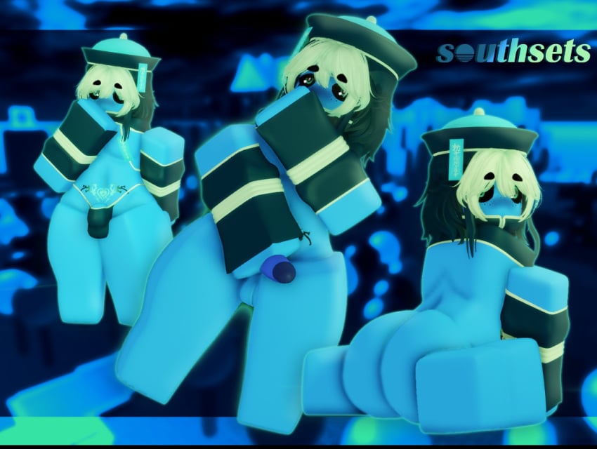 1boy 1femboy 3d 3d_model ass balls blue_skin bottomless bulge erosteria fat_ass femboy femboy_only grabbing_penis halloween halloween_costume jiangshi_costume male male_focus male_only original_character penis presenting_ass presenting_bulge rain_(southsets) roblox robloxian southphoria southsets tagme thighs