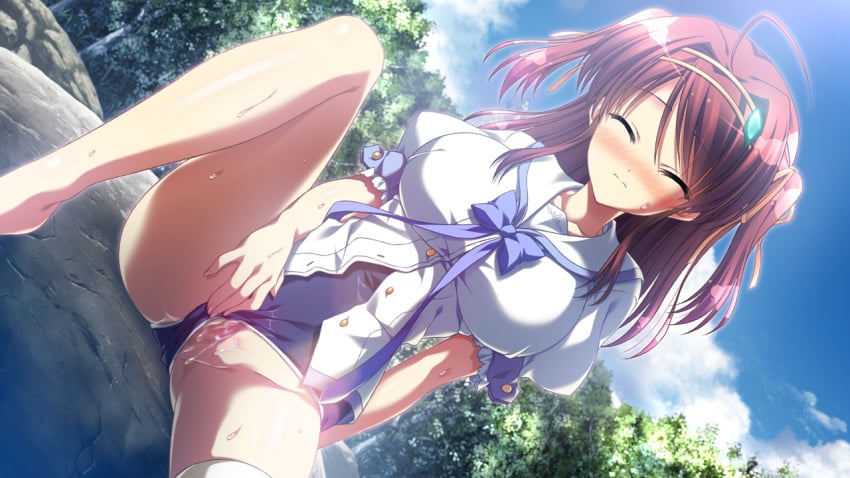 bandage blush closed_eyes dutch_angle female game_cg long_hair minakawa_sui minori natsuzora_no_perseus pussy red_hair shouna_mitsuishi sitting solo swimsuit swimsuit_under_clothes takasaki_mako uncensored wet yuzuna_hiyo