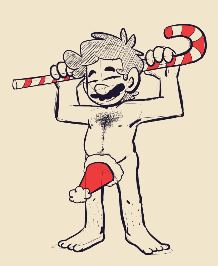 1boy armpits arms_up bedroom_eyes body_hair candy_cane chest_hair christmas erection facial_hair hat holding_object human ilikeluigibooty leg_hair looking_at_viewer male male_only mario mario_(series) mature mature_male moustache nintendo nude nude_male red_hat sketch solo solo_male