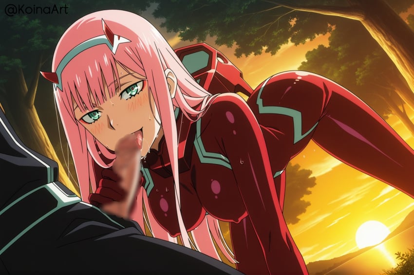 blowjob bodysuit darling_in_the_franxx deepthroat green_eyes horns koinaart long_hair mature_female penis pink_hair red_bodysuit tongue zero_two_(darling_in_the_franxx)