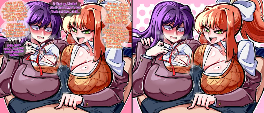 1boy big_breasts breasts cock doki_doki_literature_club english_text female male monika_(doki_doki_literature_club) penis speech_bubble straight tagme text text_bubble twitter_link vkid yuri_(doki_doki_literature_club)