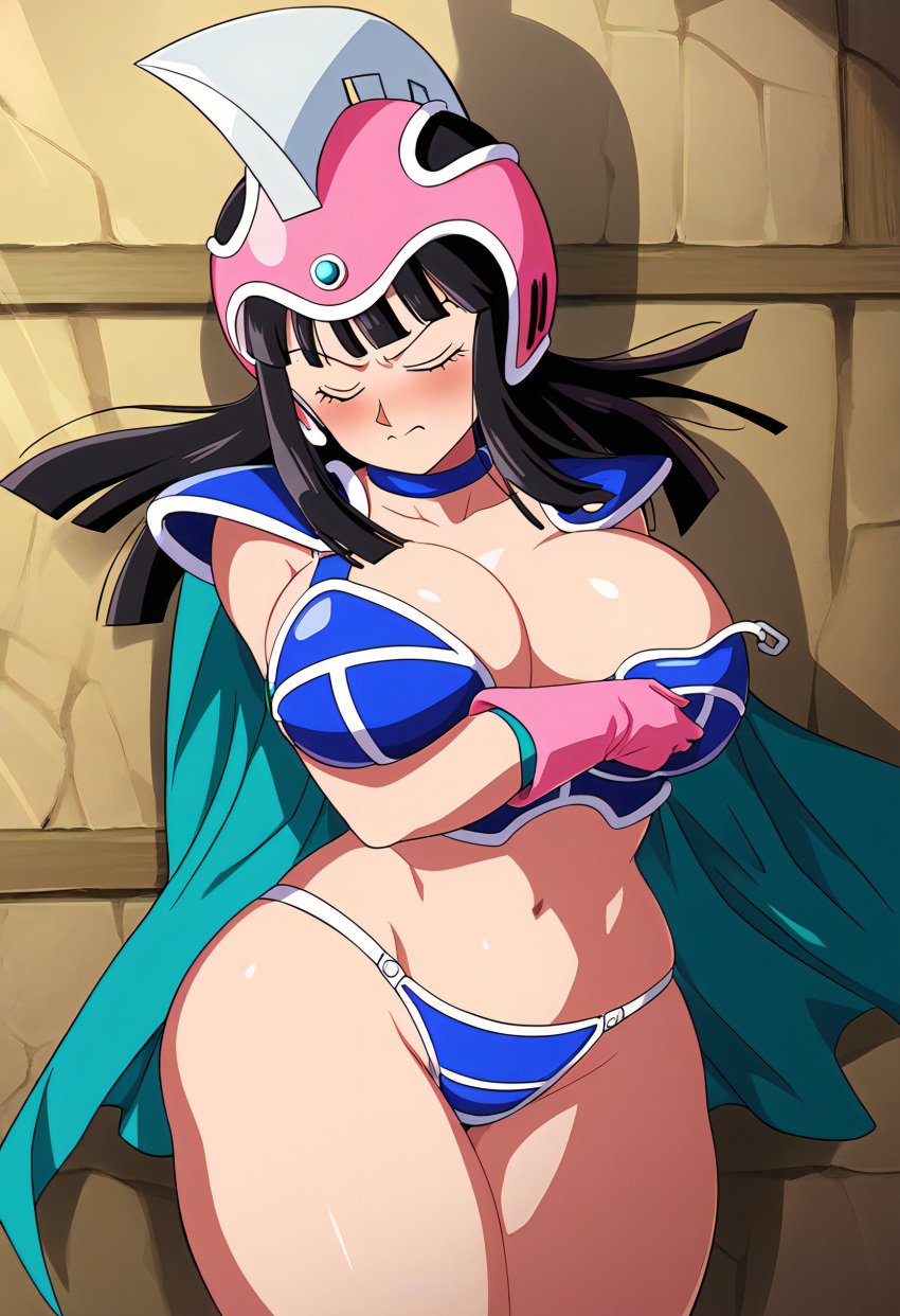 1girls ai_generated angry angry_expression angry_face armor belly_button big_ass big_breasts breasts busty cape chichi chichi's_armor dragon_ball dragon_ball_z dubious_consent embarrassed female female_focus helmet huge_ass huge_breasts milf questionable_consent removed_clothing removing_clothing semi_nude thick_legs thick_thighs undressing voluptuous_female wide_hips