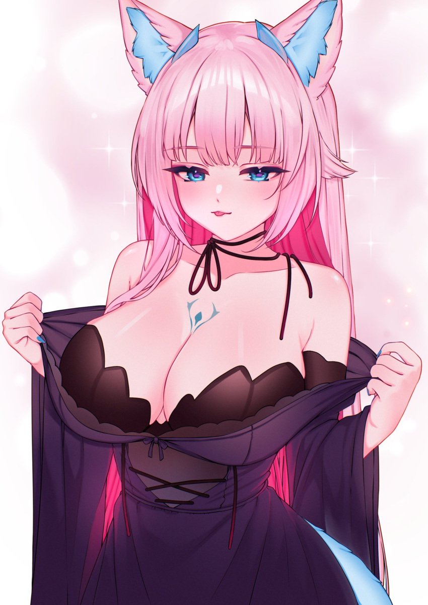 1girls animal_ears blue_eyes blush breasts clothed clothing eyebrows_visible_through_hair female female_only fox_ears fox_girl fox_tail huge_breasts indie_virtual_youtuber inviting light-skinned_female light_skin pink_hair seductive shee_kiyomi sheekiart solo tail virtual_youtuber