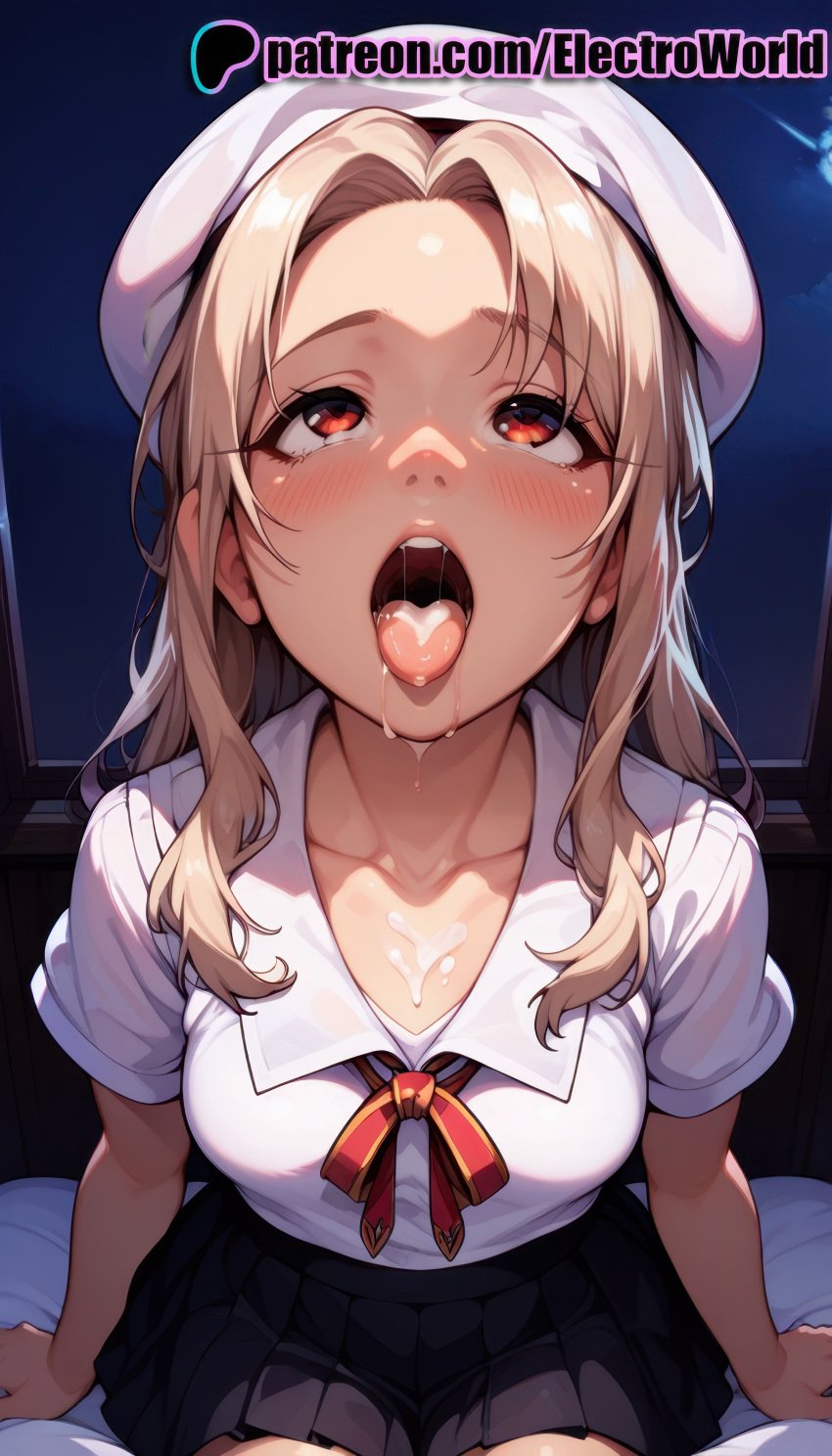 1girls after_fellatio after_oral after_sex ai_generated blonde_hair blush breasts clavicle cumshot curvaceous curvy curvy_body curvy_female electroworld eyelashes facial fate fate/stay_night fate_(series) female female female_only highres illyasviel_von_einzbern lips open_mouth red_eyes saliva seductive seductive_look seductive_pose semen semen_in_mouth semen_on_body semen_on_breasts semen_on_hair semen_on_tongue shiny_skin simple_background solo sperm teeth tongue uncensored voluptuous voluptuous_female