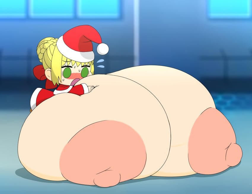 1girls 2021 big_areola blurred_background blurry_background blush bow bow_ribbon breasts_bigger_than_body breasts_bigger_than_head breasts_bigger_than_torso chibi christmas fate_(series) green_eyes hi_res huge_breasts hyper hyper_breasts immobile lying_on_breasts metachoke mob_face nero_claudius_(fate) padoru padoru_(meme) santa_costume santa_hat self_lying small_but_busty squeezing_breast sweat sweatdrop too_big_to_move