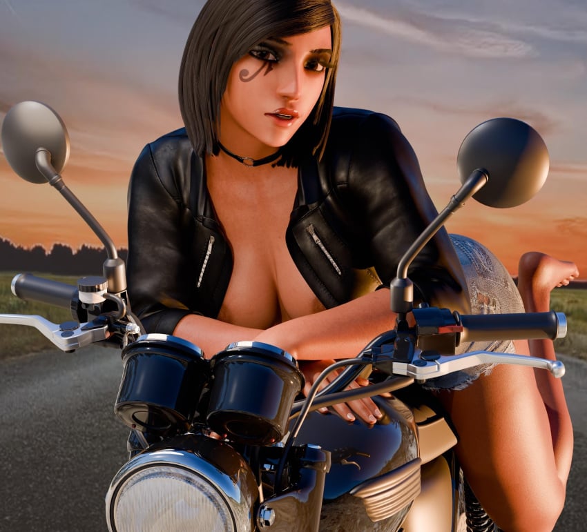 1girls 3d 3d_(artwork) abs areola areola_slip areolae areolae_slip bare_soles barefoot bike bike_shorts black_hair dark-skinned_female donathan_joe egyptian_female fareeha_amari female fit_female jacket motorcycle no_shirt overwatch pharah semi_nude tattoo_under_eye vehicle