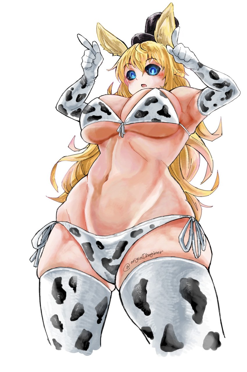 animal_ears animal_print bikini black_hat black_sclera blonde_hair blue_eyes blush braid colored_sclera cow_print cow_print_bikini female from_below gloves grimms_echoes hat highres long_hair navel open_mouth panties print_bikini rabbit_ears simple_background socks solo swimsuit top_hat twitter_username underwear void_white_rabbit_(grimms_echoes) white_background ya-don