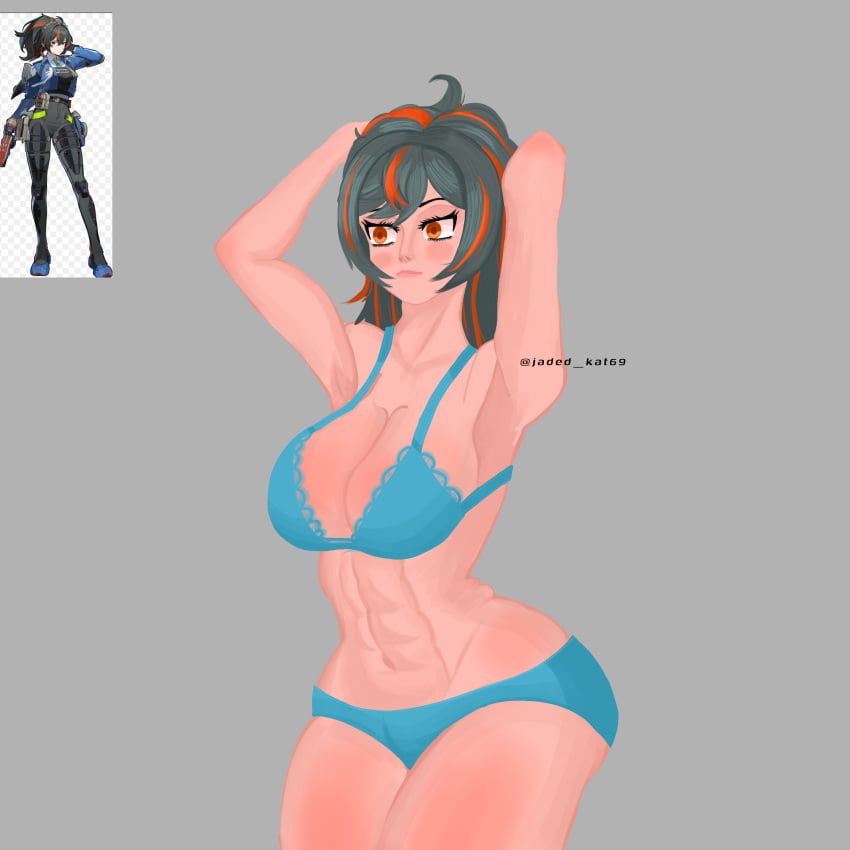 big_ass big_breasts bikini black_hair blue_bra blue_panties curvy_female curvy_figure fanart female fit_female jadedkat69 orange_eyes pale-skinned_female pale_skin policewoman swimwear zenless_zone_zero zhu_yuan