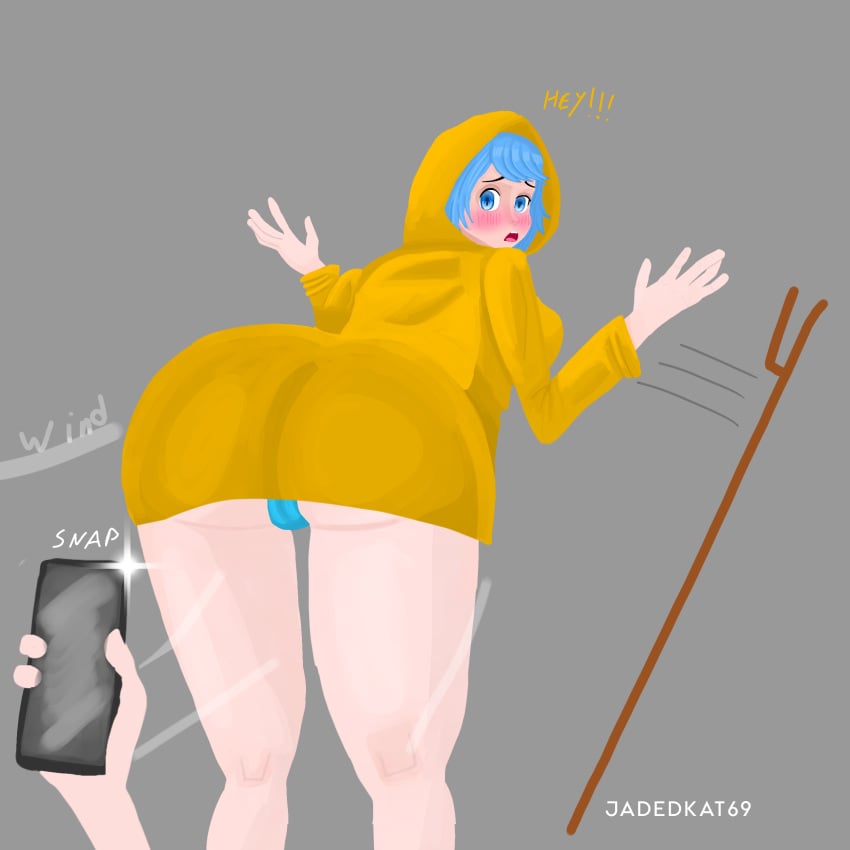 bending_over big_ass blue_eyes blue_hair blue_panties bottomless camera_flash jadedkat69 luce_(vatican) phone phone_camera shy surprised text yellow_jacket_(clothing)