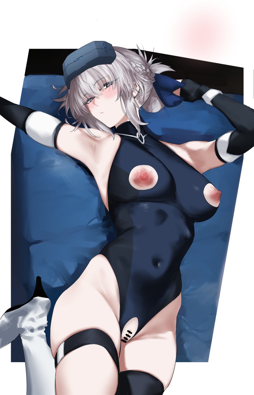 absurdres armpits bar_censor black_gloves blue_archive blue_eyes blue_leotard blush breasts censored cosplay covered_navel ei_(fnjx3455) elbow_gloves fate/grand_order fate_(series) female fingerless_gloves gloves hair_bun hand_up highleg highleg_leotard highres ishikawa_yui leotard looking_at_viewer lying morgan_le_fay_(fate) nipple_cutout nipples on_back pussy pussy_cutout stomach thigh_strap toki_(abi-eshuh)_(blue_archive) toki_(blue_archive) toki_(blue_archive)_(cosplay)