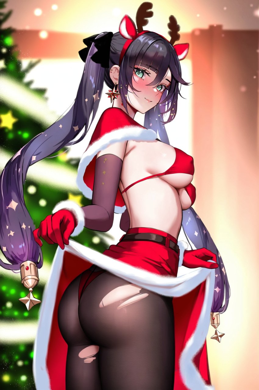 absurd_res ai_generated antlers ass bell bikini black_hair blurry_background blush breasts candy_cane capelet christmas christmas_lights christmas_ornaments christmas_tree clothes_lift covered_nipples cross_earrings deer_ears earrings fake_antlers female fur-trimmed_cape fur-trimmed_capelet fur-trimmed_dress fur-trimmed_gloves fur-trimmed_headwear fur-trimmed_skirt fur-trimmed_sleeves fur_trim genshin_impact gift gift_bag gift_box gloves green_eyes hat heart_cutout holding_sack holly jewelry long_hair looking_at_viewer medium_breasts merry_christmas ministro mona_(genshin_impact) neck_bell pantyhose red_bikini red_capelet red_gloves red_headwear red_skirt reindeer reindeer_antlers reindeer_costume sack santa_bikini santa_boots santa_costume santa_dress santa_gloves santa_hat skirt solo star_(symbol) star_earrings star_hair_ornament swimsuit thong_bikini torn torn_clothes torn_gloves torn_legwear torn_skirt twintails