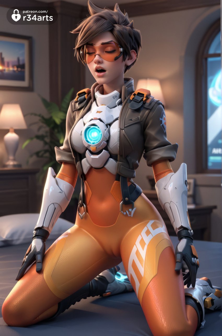 1girls ai_generated artist_name bed blizzard_entertainment bodysuit bomber_jacket breasts brown_hair cameltoe chest_harness closed_eyes covered_navel female gloves goggles harness hi_res indoors jacket kneeling lamp leather leather_jacket lips nose on_bed open_mouth orange-tinted_eyewear orange_bodysuit orange_goggles overwatch overwatch_2 r34arts short_hair skin_tight sleeves_rolled_up solo spiked_hair tinted_eyewear tracer