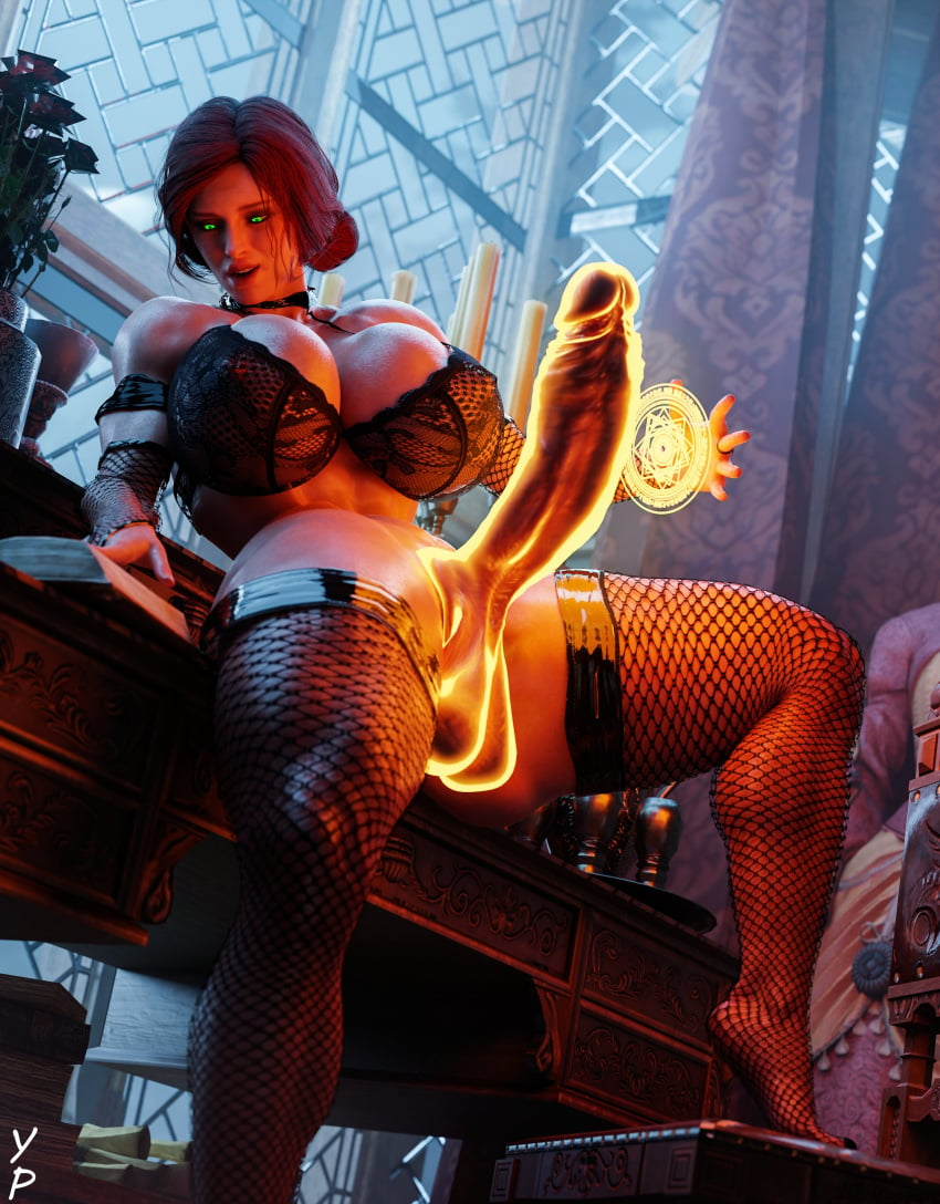 3d 3d_(artwork) big_breasts breasts erection fishnet_stockings fishnets futanari huge_breasts huge_cock lingerie magic penis red_hair solo the_witcher_(series) triss_merigold yupal