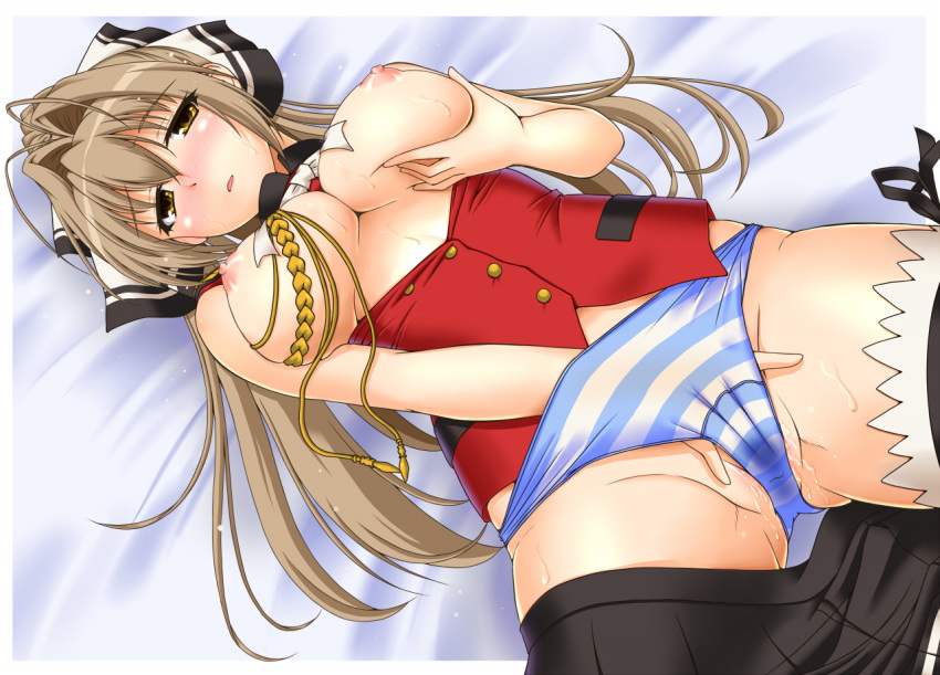 amagi_brilliant_park areolae blush breast_hold breasts breasts_out brown_hair female hair_ribbon hand_in_own_panties hand_in_panties large_breasts long_hair looking_at_viewer lying masturbation nipples on_back open_clothes panties partially_visible_vulva pussy_juice ribbon self_fondle sento_isuzu skirt skirt_around_one_leg solo striped striped_panties sweat thighhighs twinbeers twinpon underwear yellow_eyes