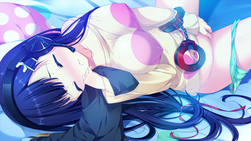 bed blush breasts closed_eyes cuffs erect_nipples female game_cg harvest_overray headphones highres large_breasts legs long_hair lying masturbation nironiro ouno_sumi panties panties_around_leg pillow purple_hair solo thighs underwear usume_shirou