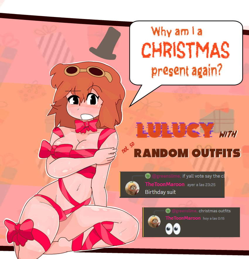 1girls birthday_gift christmas christmas_outfit english_text female gift_wrapped half_naked lulucy_(thecoo1estslime) medium_breasts orange_hair ribbon ribbons short_hair simple_background sweat thecoo1estslime thick_thighs tophat tummy wrapped