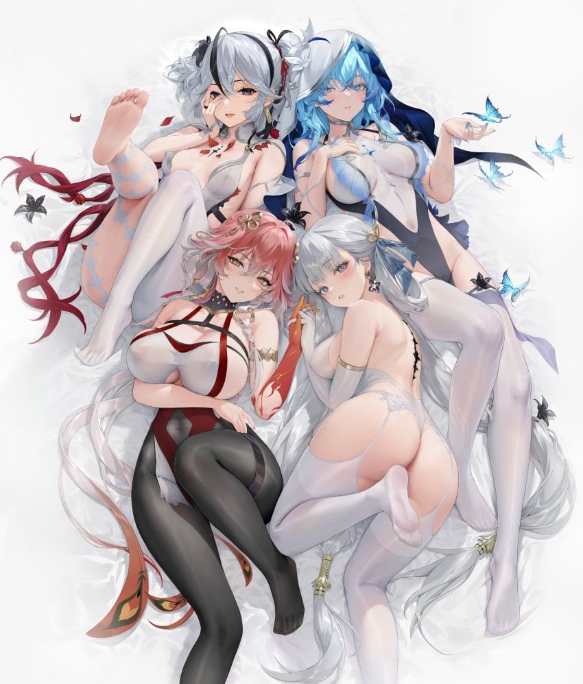 4girls absurdres ahoge alternate_costume arm_under_breasts ass asymmetrical_clothes bare_shoulders black_eyes black_flower black_pantyhose black_ribbon blake_bloom_(wuthering_waves) blue_butterfly blue_eyes blue_hair blue_nails blue_veil blush bow braid breasts bug butterfly camellya_(wuthering_waves) changli_(wuthering_waves) collar colored_extremities commentary_request covered_navel earrings elbow_gloves feather_hair feet flower flower_on_chest foot_up garter_belt gloves gold_earrings groin hair_between_eyes hair_extensions hair_flower hair_intakes hair_ornament hair_ribbon hair_vines haku89 hand_grab hand_on_own_chest hand_on_own_face highres huge_breasts jewelry jinhsi_(wuthering_waves) large_breasts leotard long_hair looking_at_viewer lying md5_mismatch medium_breasts multicolored_hair multiple_girls nail_polish no_shoes on_back paid_reward_available pants pantyhose parted_lips pink_hair red_hands red_ribbon resolution_mismatch ribbon ring_hair_extensions shorekeeper_(wuthering_waves) single_pantsleg smile soles source_smaller tacet_mark_(wuthering_waves) the_shorekeeper_(wuthering_waves) thighhighs thighs toes twin_braids two-tone_hair two-tone_veil two_side_up veil very_long_hair white_bow white_collar white_eyelashes white_eyes white_garter_belt white_gloves white_hair white_pants white_thighhighs white_veil wuthering_waves yellow_eyes