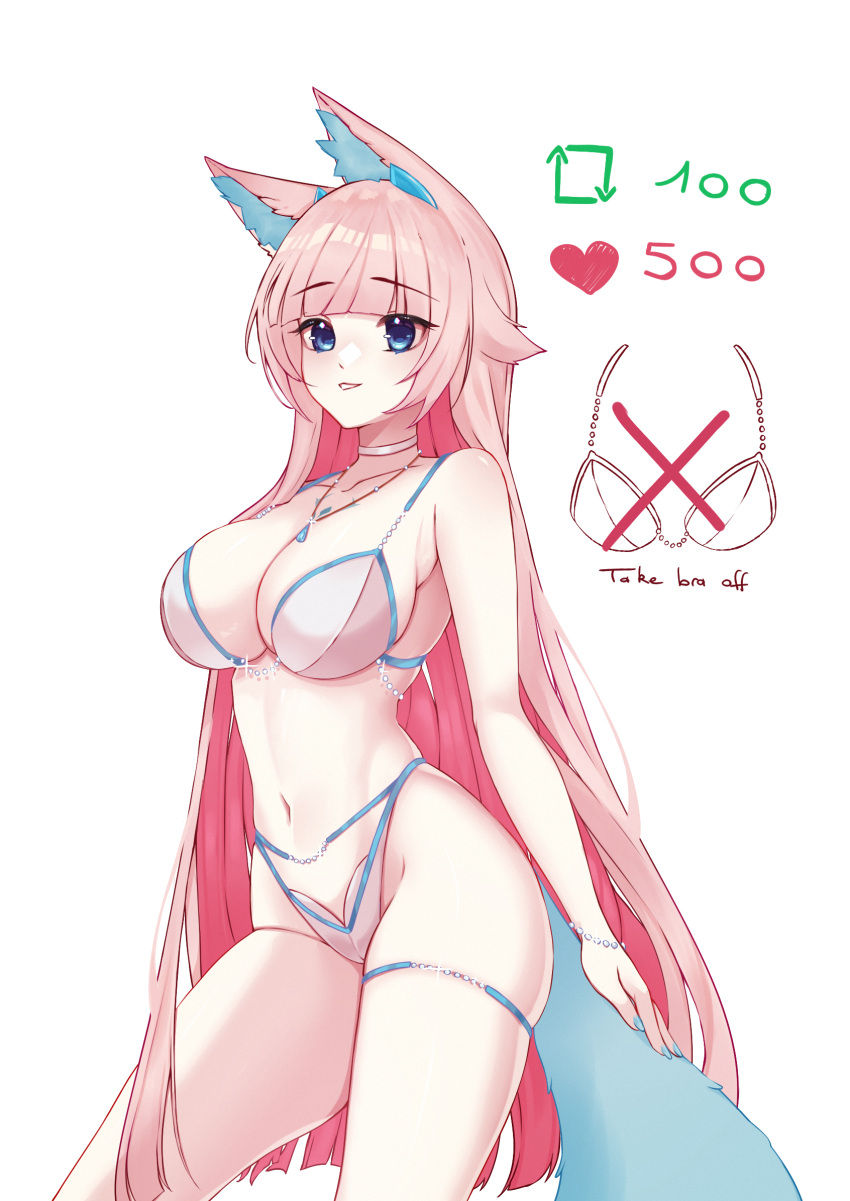 1girls animal_ears belly_button blue_eyes bra bracelet breasts cleavage english_text eyebrows_visible_through_hair female female_only fox_ears fox_girl fox_tail huge_breasts indie_virtual_youtuber light-skinned_female light_skin like_and_retweet like_icon necklace panties retweet_icon shee_kiyomi sheekiart simple_background solo strip_game tail text virtual_youtuber white_background white_bra white_panties