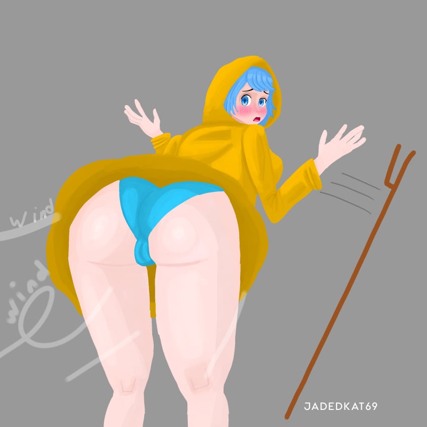 bending_over big_ass blue_eyes blue_hair blue_panties bottomless jadedkat69 luce_(vatican) pale-skinned_female phone_camera shy surprised text upskirt upskirt_view wind wind_lift yellow_jacket_(clothing)