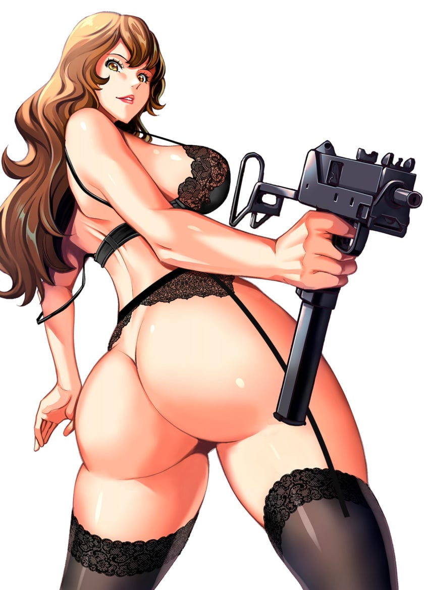 2024 ass ass_focus black_bra black_garter_belt black_thighhighs bottomless bra breasts brown_eyes brown_hair cleavage contrapposto female finger_on_trigger foreshortening garter_belt grin gun hashtag-only_commentary highres itachou lace lace_bra lace_garter_belt lace_panties large_breasts lipstick long_hair looking_at_viewer looking_back looking_down lupin_iii mac-10/11 makeup mine_fujiko panties parted_lips pink_lips shiny_skin sideboob smile solo strap_slip submachine_gun tareme thighhighs underwear underwear_only weapon