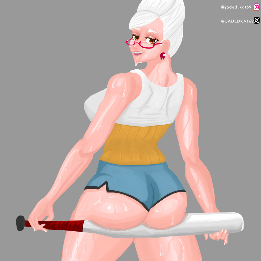 baseball_cap bat big_ass big_breasts blue_shorts brown_eyes dandadan dialogue fat_ass fit fit_female glasses grey_hair gym_shorts jadedkat69 mature_female mature_woman milf pose seiko_ayase sweat sweatdrop sweating text voluptuous voluptuous_female white_hair white_vest