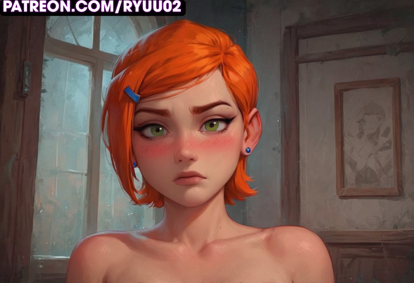 ai_generated ass ass_focus ben_10 big_ass big_breasts gwen_tennyson gwen_tennyson_(classic) looking_at_viewer medium_breasts naked orange_hair pink_nipples portrait pose ryuuziken01 short_hair