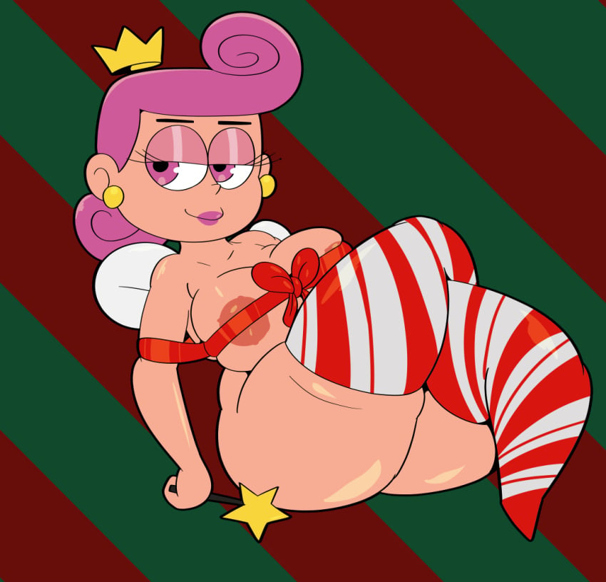 1girls ass breasts christmas eyelashes half-closed_eyes huge_ass large_breasts nude partially_clothed pink_eyes pink_hair ribbon ribbon_bondage simple_background someth1ngoranother stockings the_fairly_oddparents thick_thighs wanda wanda_fairywinkle-cosma