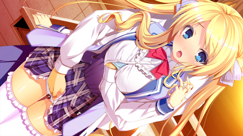 blonde_hair blue_eyes blush bowtie breast_grab breasts female fingering game_cg harvest_overray highres large_breasts legs long_hair looking_away mikami_lilia nironiro open_mouth panties pussy_juice school_uniform standing thighs tied_hair twintails underwear usume_shirou wet white_legwear