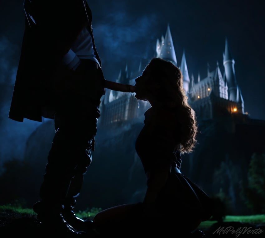 blowjob curly_hair female harry_potter hermione_granger hogwarts kneeling mrpolyverto night silhouette skirt sloppy sloppy_blowjob submissive submissive_female tights