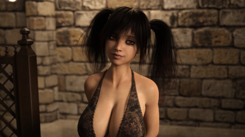 1girls 3d ain_(desert_stalker) beautiful beautiful_female big_breasts big_cleavage black_dress black_hair breasts cleavage cute cute_face cute_female cute_girl desert_stalker female looking_at_viewer looking_back_at_viewer neckline red_eyes smile smiling smiling_at_viewer twintails video_game video_game_character video_games visual_novel zetands