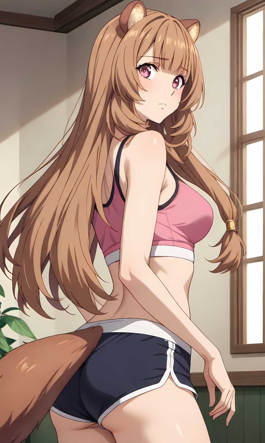 1girls ai_generated animal_ears ass_focus blush brown_hair dolphin_shorts from_behind kemonomimi kslgsnb looking_at_viewer looking_back pink_eyes pixai racoon_ears racoon_girl raphtalia shorts solo solo_female sports_bra sportswear tail tate_no_yuusha_no_nariagari thick_thighs thighs