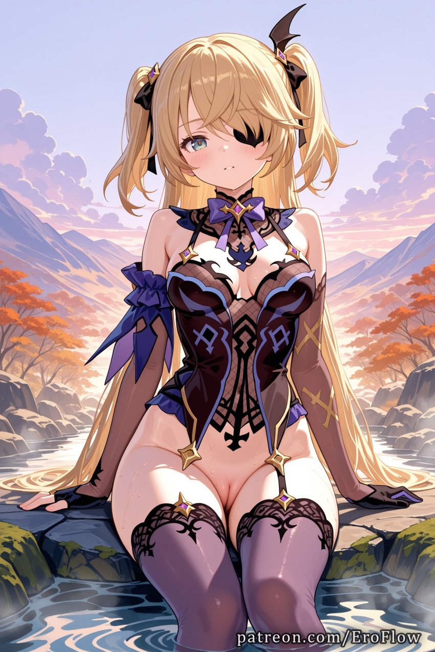 1girls 2025 ai_generated bangs bare_shoulders black_gloves black_thighhighs blonde_hair blush bottomless bow bowtie breasts cleft_of_venus detached_sleeves eroflow eyepatch female fischl_(ein_immernachtstraum)_(genshin_impact) fischl_(genshin_impact) garter_straps genshin_impact gloves green_eyes hair_ornament hair_over_one_eye hair_ribbon hi_res highres hoyoverse long_hair looking_at_viewer medium_breasts mihoyo mihoyo_technology_(shanghai)_co._ltd. no_panties outdoors parted_lips patreon purple_bow pussy ribbon single_thighhigh sitting soaking_feet solo thighhighs thighs two_side_up vagina voluptuous voluptuous_female water wet wig