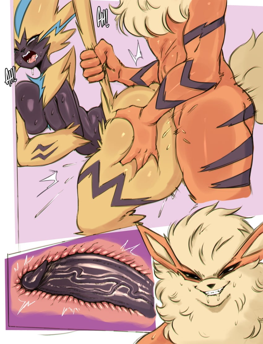 anthro arcanine ass biped bodily_fluids breasts comic dialogue duo eyelashes female female_penetrated from_behind_position fur generation_1_pokemon generation_7_pokemon hi_res legendary_pokemon male male/female male_penetrating nintendo penetration pokemon pokemon_(species) pupils saltyxodium sex sweat tail tail_grab text thick_thighs yellow_body zeraora