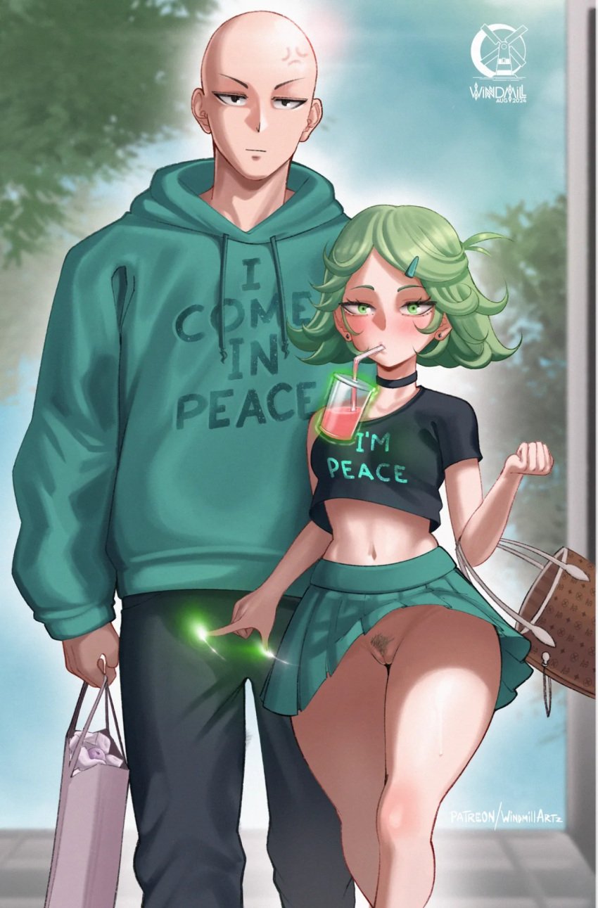 1boy 1girls green_clothing green_eyes green_hair one-punch_man public_exposure saitama smaller_female tatsumaki visible_pussy windmill_(artist)