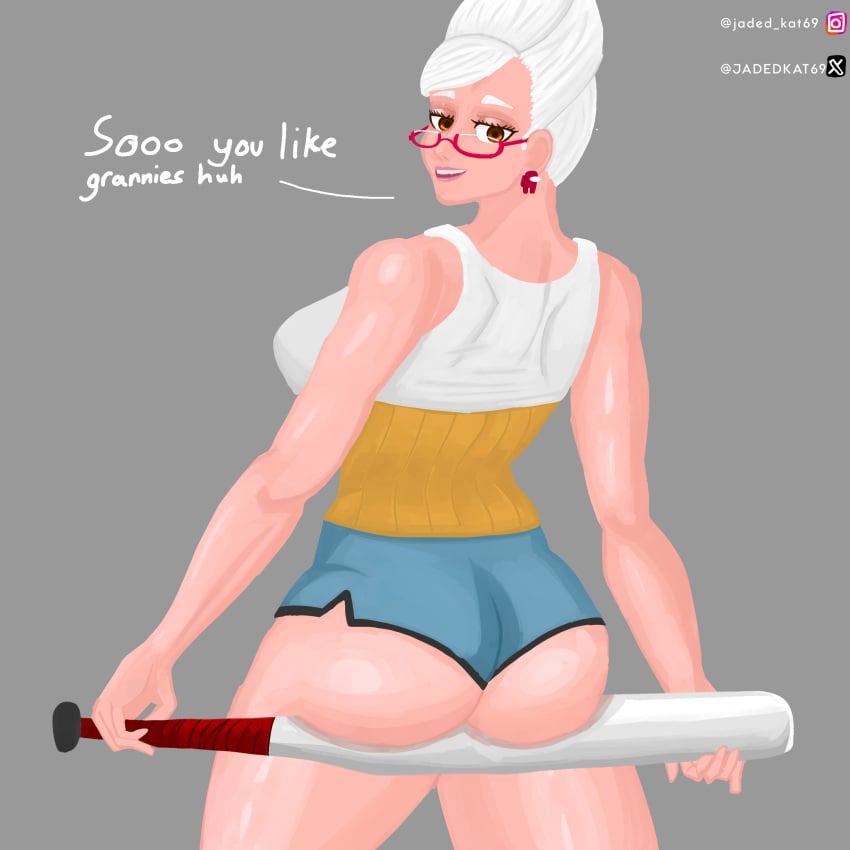 ass ayase_seiko baseball_bat baseball_cap bat big_ass big_breasts blue_shorts brown_eyes dandadan dialogue fat_ass fit fit_female glasses grey_hair gym_shorts jadedkat69 mature_female mature_woman milf pose seiko_ayase text voluptuous voluptuous_female white_hair white_vest