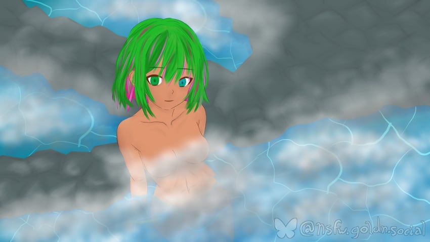 2024 4k 4k_resolution blue_eyes bluesky_logo bluesky_username casual_nudity goldn goldninja100gn goldnwitch green_eyes green_hair heterochromia hot_spring looking_at_viewer nonsexual_nudity nude nude_female original original_character pink_hair sitting_in_water steam steam_censor water watermark watermelon_hair