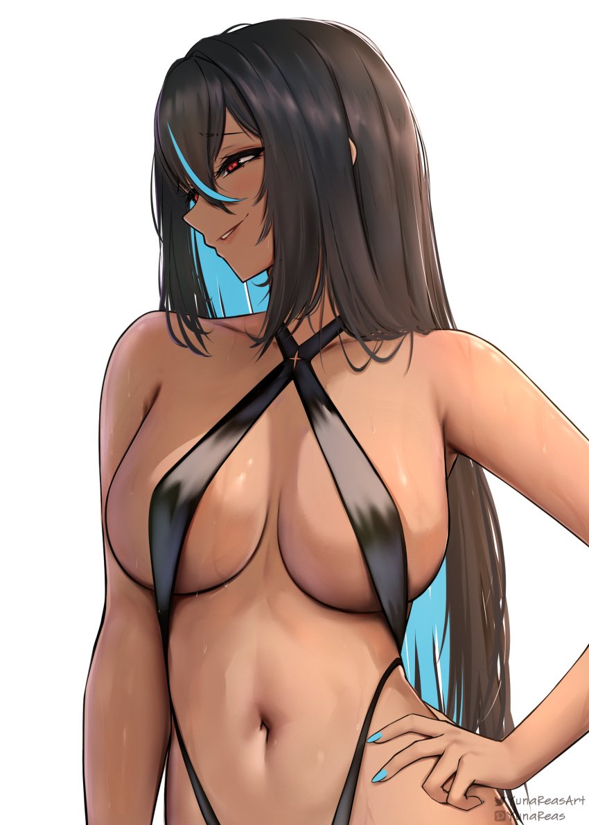 absurdres black_hair black_one-piece_swimsuit blue_hair blue_nails breasts collarbone colored_inner_hair covered_erect_nipples criss-cross_halter dark-skinned_female dark_skin female goddess_of_victory:_nikke hair_between_eyes halterneck hand_on_own_hip highres indivilia large_breasts long_hair looking_to_the_side multicolored_hair navel one-piece_swimsuit parted_lips pixiv_username red_eyes smile solo sweat swimsuit twitter_username upper_body very_long_hair white_background yunareas