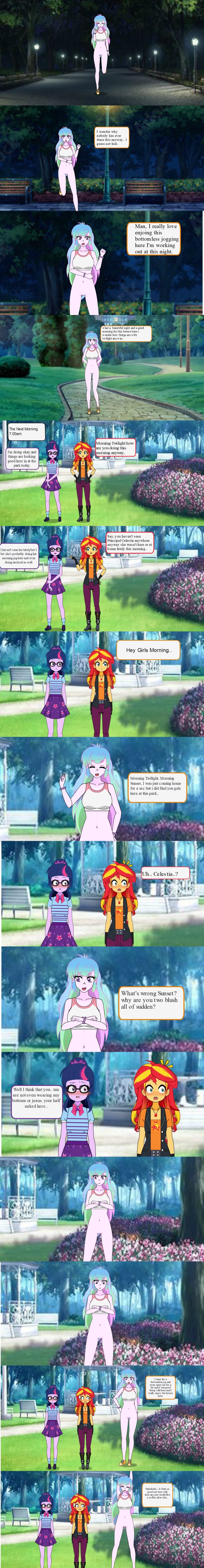 background bottomless bottomless_female comic comic_panel dialogue embarrassed english_text equestria_girls kisekae kisekae_2 my_little_pony night principal_celestia public_exposure public_indecency shocked sneakers sports_bra sunset_shimmer sweatdrop text twilight_sparkle_(eg) twilight_sparkle_(mlp) typo