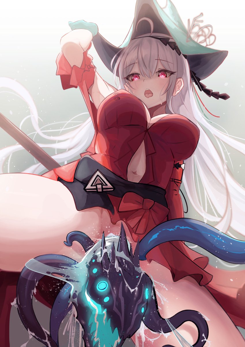 ahoge anus aqua_headwear arknights bangs bare_shoulders blush breasts clothing clothing_cutout detached_sleeves double_penetration dress extreme_content female genital_fluids grey_hair hair_between_eyes hat headwear heart heart-shaped_pupils high_resolution large_breasts large_filesize limited_visibility long_hair looking_at_viewer mumi-daohu navel navel_cutout nipples open_mouth penetration red_dress red_eyes restrained sex skadi_(arknights) skadi_the_corrupting_heart_(arknights) solo spread_legs staff symbol-shaped_pupils tentacle tentacle_sex thighs vagina vaginal_juices vaginal_penetration very_high_resolution very_long_hair white_hair witch_hat