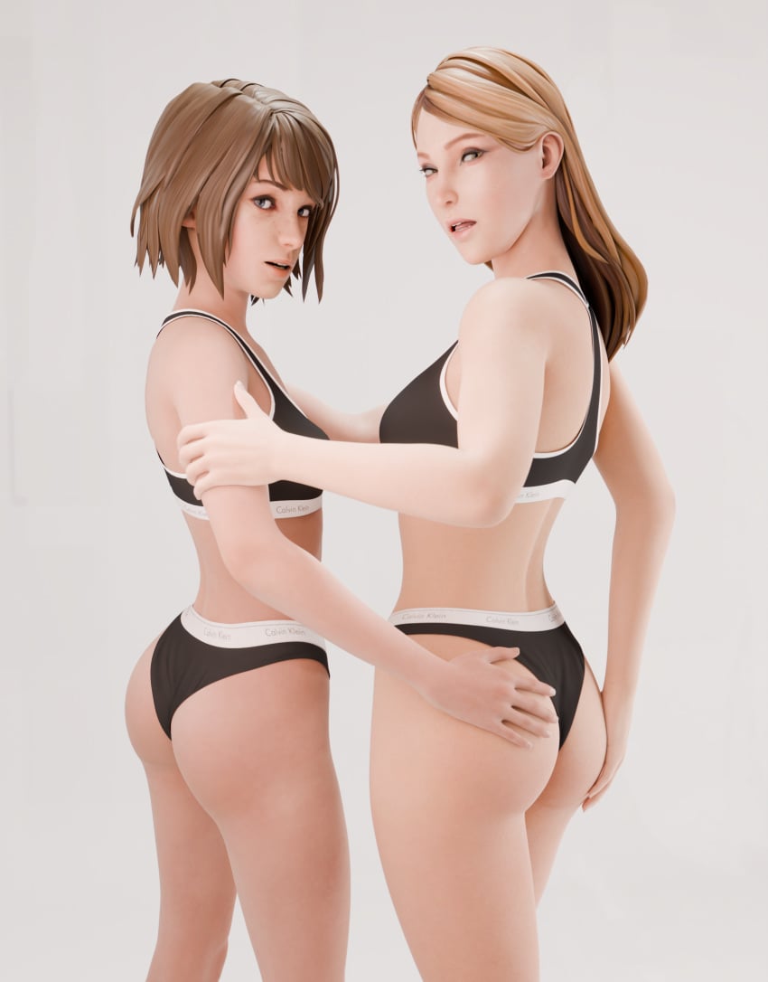 2girls 3d bigger_female black_underwear blender blender_(software) blonde_female blonde_hair blue_eyes breasts brown_hair brunette_hair calvin_klein catcherrye clothed clothed_female duo eyeshadow female female_focus female_only green_eyes hand_on_arm hand_on_butt life_is_strange life_is_strange:_before_the_storm light-skinned_female long_hair looking_at_viewer looking_over_shoulder max_caulfield photoshoot posing rachel_amber seductive_look short_hair shorter_female sports_bra sportswear underwear