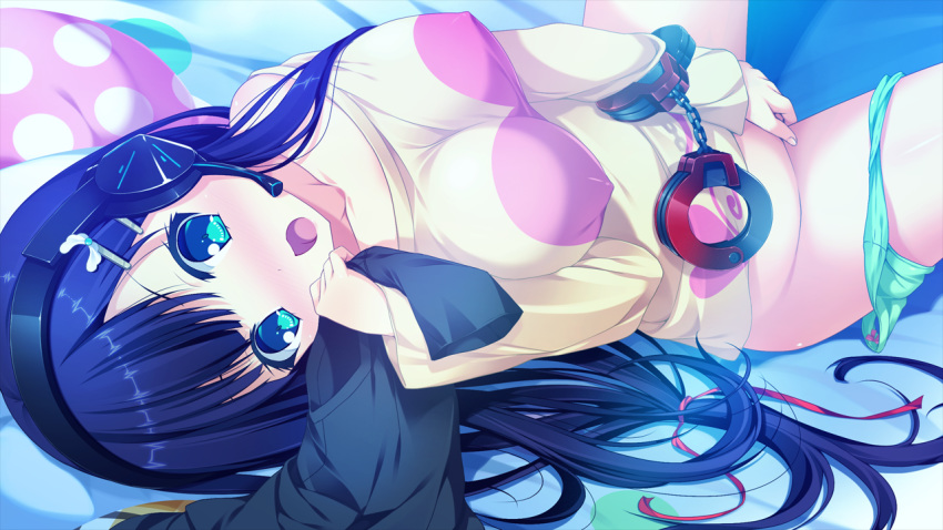 1girls bed blue_eyes blush breasts caught cuffs erect_nipples female game_cg harvest_overray headphones highres large_breasts legs long_hair looking_at_viewer lying masturbation nironiro open_mouth ouno_sumi panties panties_around_leg pillow purple_hair solo thighs underwear usume_shirou