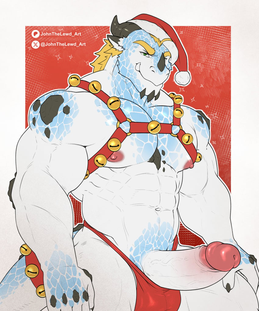 balls balls_under_clothes blonde_hair christmas christmas_clothing christmas_outfit dragon dragon_horns dragon_tail erect_penis erection furry furry_only green_eyes hair johnthelewd johnthelewd_art male male_only muscles muscular muscular_anthro muscular_arms muscular_legs muscular_male nipples pecs pectorals penis scaled_dragon scales sharp_teeth smile smiling solo solo_focus solo_male striped_body underwear