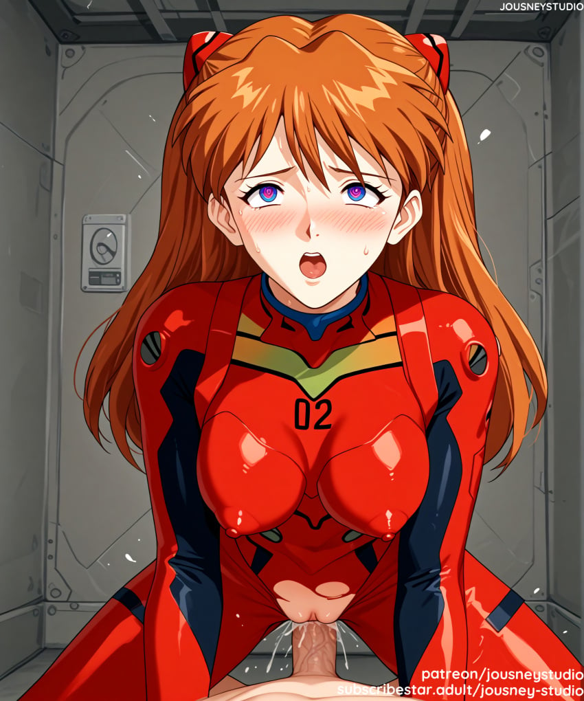 1boy ai_generated asuka_langley asuka_langley_sohryu bangs blue_eyes blush bodysuit breasts brown_hair clothed_sex clothing cowgirl_position cowgirl_position english_text female female heart heart-shaped_pupils indoors interface_headset jousneystudio large_breasts long_hair looking_at_viewer male male_pov medium_breasts navel neon_genesis_evangelion neopn_genesis_evangelion nipples nude on_top open_mouth orange_hair penis pilot_suit plugsuit red_bodysuit saliva semen sex shiny_clothes shiny_skin skin_tight solo_focus spread_legs straddling straight sweat symbol-shaped_pupils test_plugsuit thighs torn_bodysuit torn_clothes vagina vaginal_penetration