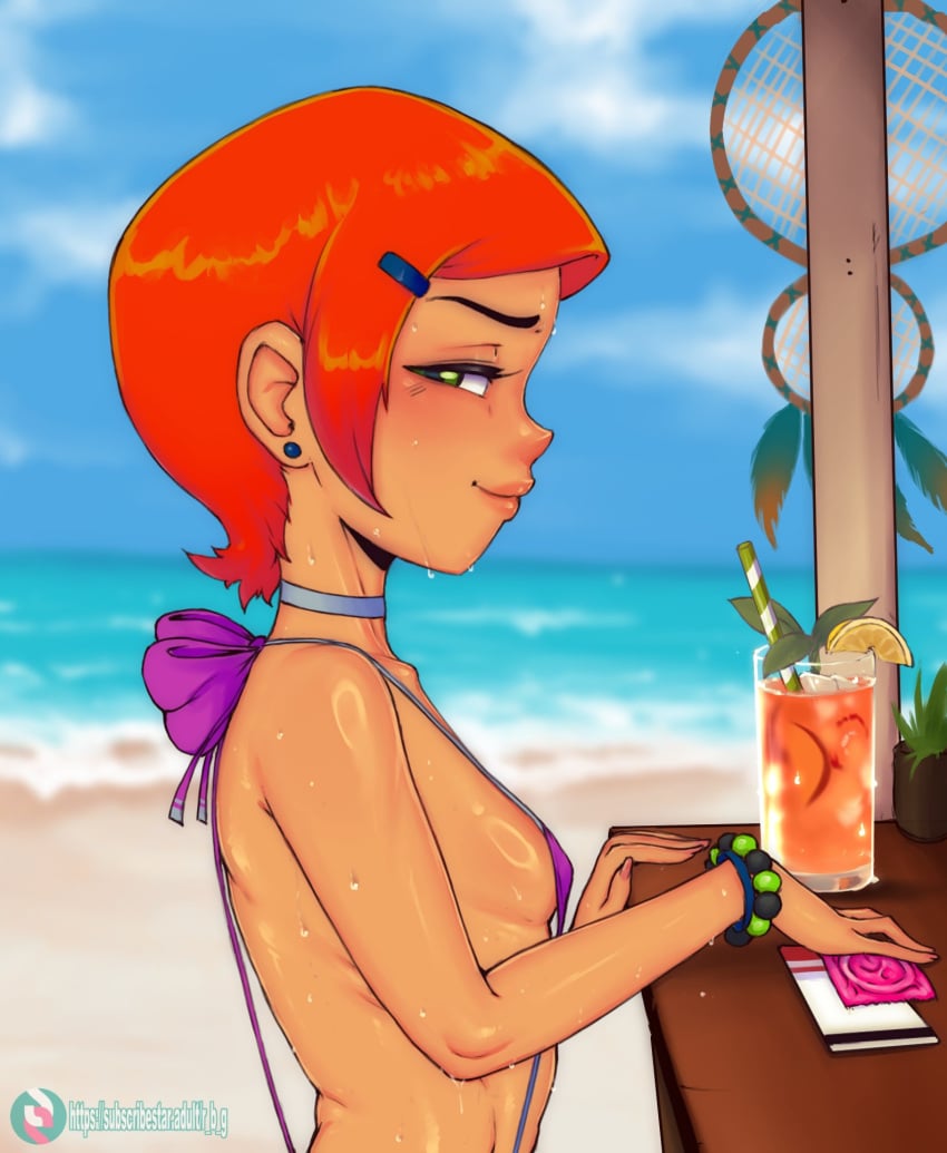 1girl 1girls 2d beach ben_10 cartoon_network condom condom_wrapper female female_focus female_only green_eyes gwen_tennyson looking_at_viewer outdoors outside pov randomboobguy red_eyes sideboob sling_bikini slingshot_swimsuit solo suggestion suggestive tease teasing