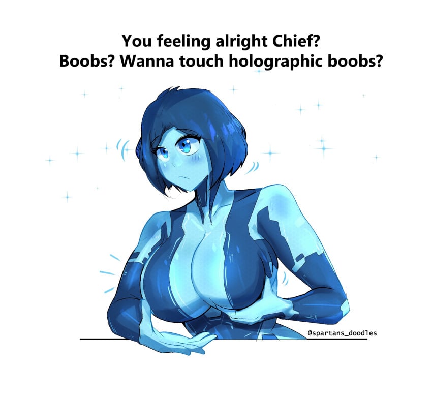 1girls 2d 2d_(artwork) big_breasts blue_body blue_eyes blue_hair blue_skin bob_cut breasts cortana dialogue digital_drawing_(artwork) digital_media_(artwork) halo_(series) halo_4 high_resolution highres meme simple_background solo solo_female spartandoodles