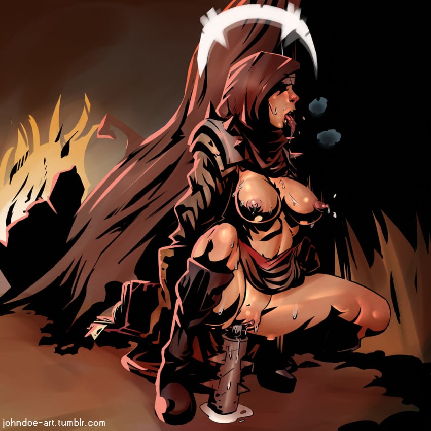 1girls abs big_breasts blush book boots breasts darkest_dungeon dildo dildo_sitting erect_nipples female_focus female_only forest hood john_doe long_tongue masturbation nipples no_panties nun open_mouth pussy pussy_juice pussy_juice_drip shirt_lift shoulder_pads skirt_lift solo sweat tongue tongue_out tree vaginal_penetration vestal_(darkest_dungeon) weapon