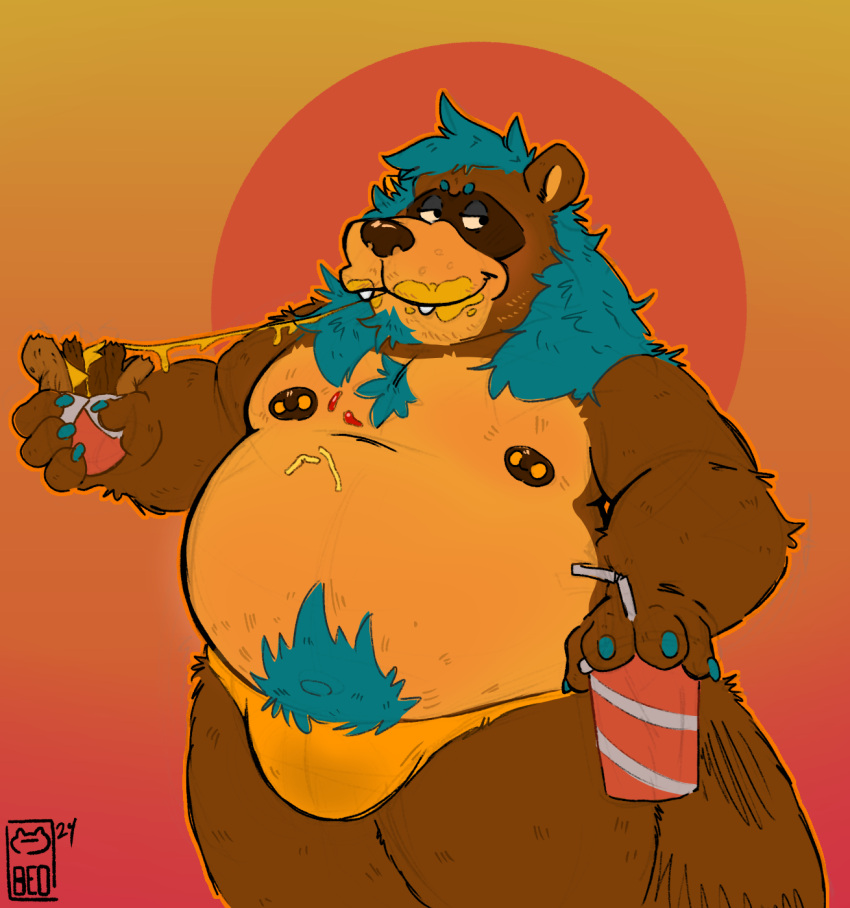 abstract_background anthro bedroom_eyes belly belly_hair beo_raccoon(beoafterhours) beoafterhours big_belly blue_hair body_hair bulge burger chest_tuft clothed clothing food fries hair hi_res holding_object jockstrap jockstrap_only ketchup long_hair male mammal messy_eater moobs narrowed_eyes nipple_piercing nipples piercing procyonid raccoon seductive soda_cup solo thick_thighs topless tuft underwear underwear_only